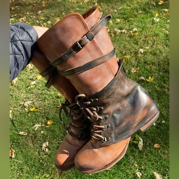 Freebird Ravi Mid-Calf Distressed Brown Leather Two Tone Leather Moto Boots 10 - Picture 4 of 17